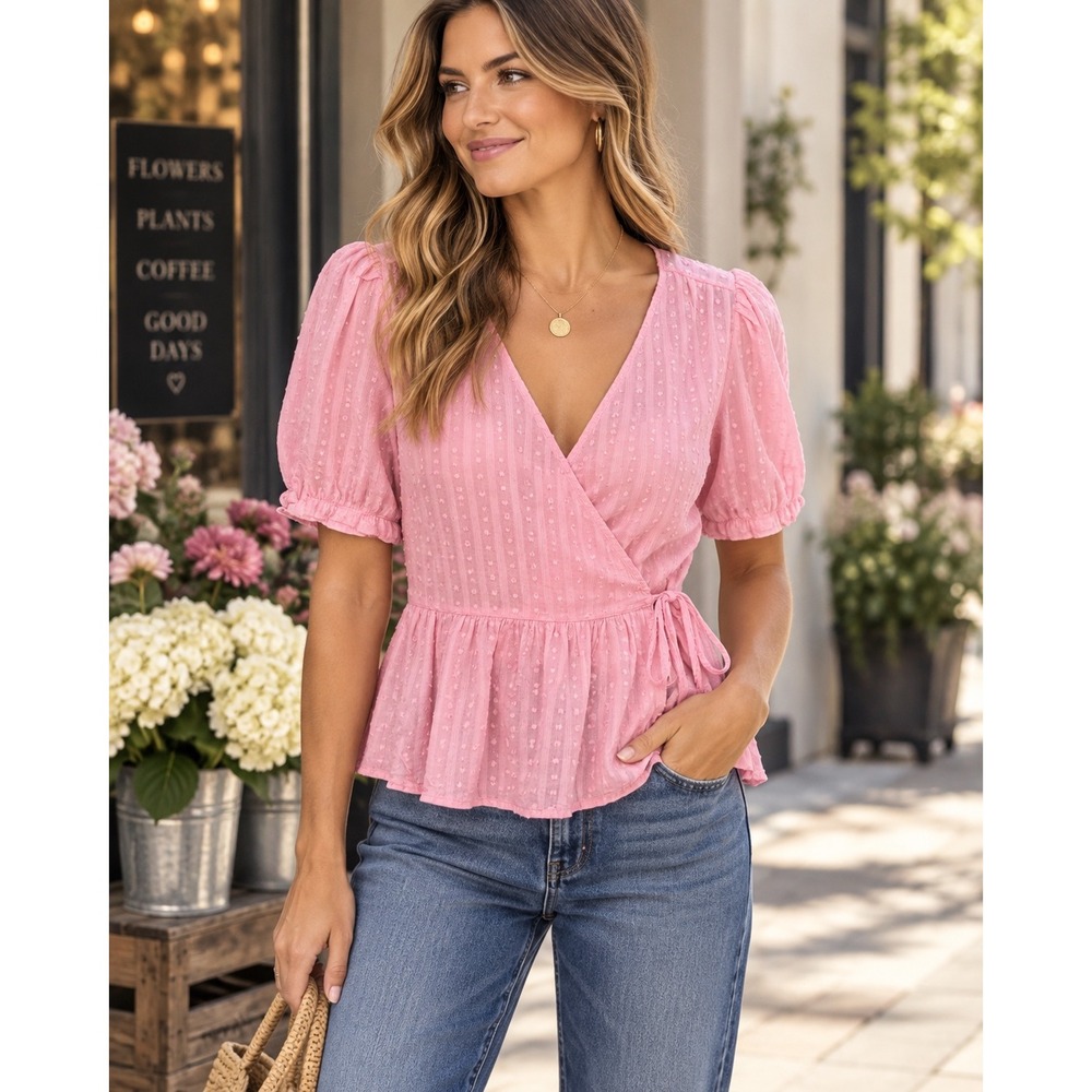 Lucky Brand Wrap Top Pink Swiss Dot Puff Sleeve Peplum Medium